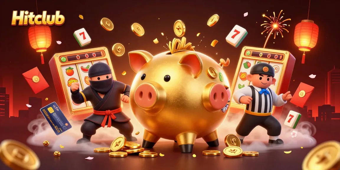 Engage with Hitclub's thrilling slot games in this vibrant 3D illustration featuring gaming excitement.