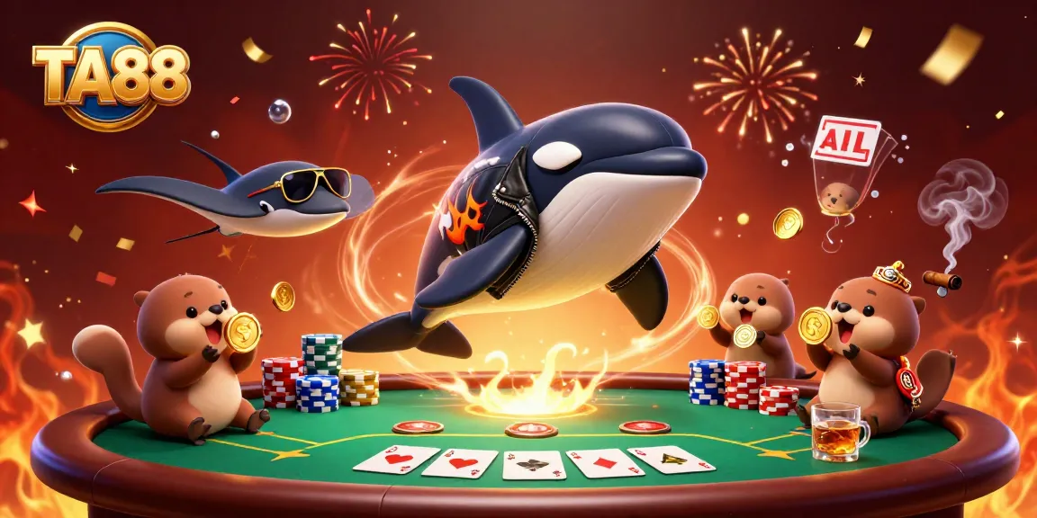 Experience excitement with TA88 as marine characters celebrate winning at a casino poker table.
