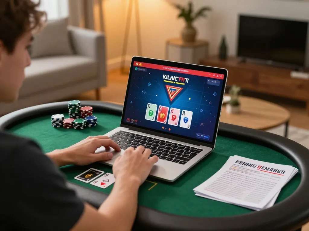 Person actively playing online poker at LGOGOAL on a laptop with strategy notes visible.