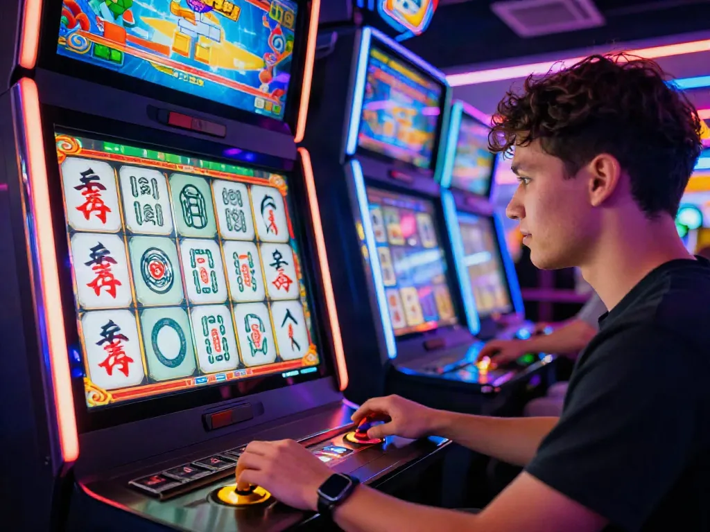 Pengguna menikmati mahjong slot di kasino dengan simbol berwarna-warni.