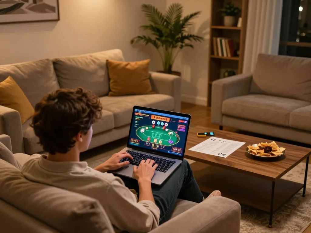 MPO08 player engaging in online gaming at home using a laptop, showcasing a poker interface with warm inviting ambiance.