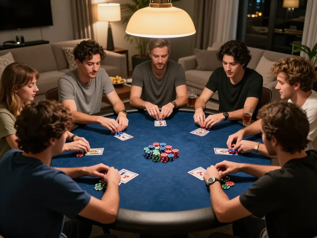 Friends enjoying a lively poker game night with peri11 strategy discussions and colorful chips on the table.