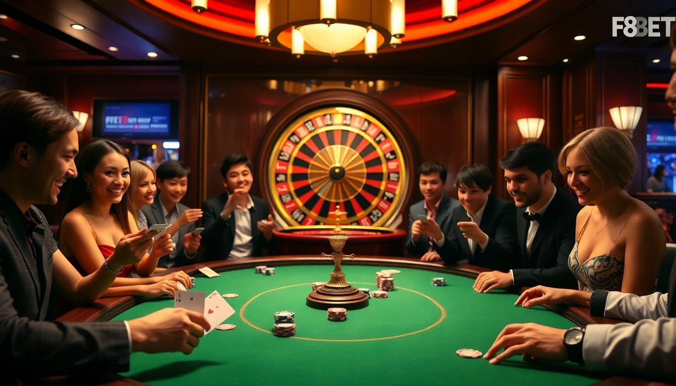 Experience the excitement of F8BET at a luxurious casino with vibrant poker and roulette tables.