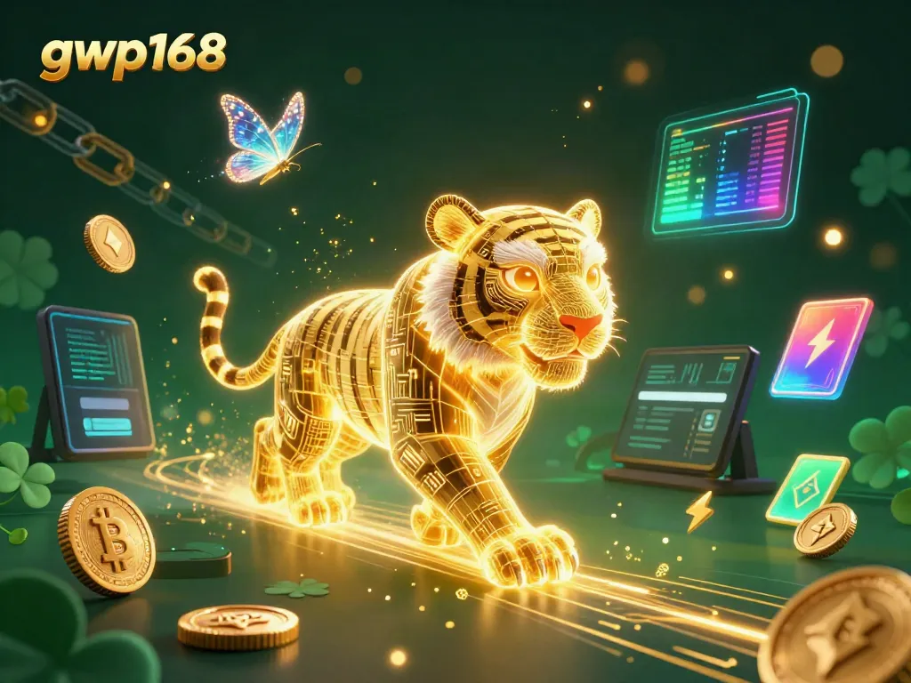 Jelajahi dunia kasino digital bersama gwp168 yang menampilkan harimau neon berenergi, koin Bitcoin, dan elemen blockchain.