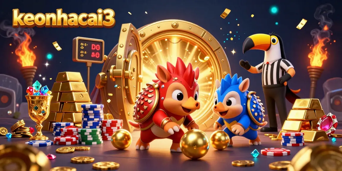 Experience thrilling sports betting action with keonhacai3, featuring vibrant pangolins amidst sparkling casino treasures.