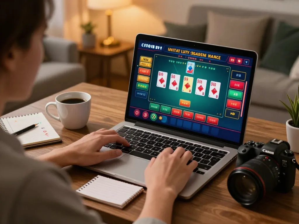 Engaging in open888 online casino gameplay in a cozy, stylish home office atmosphere