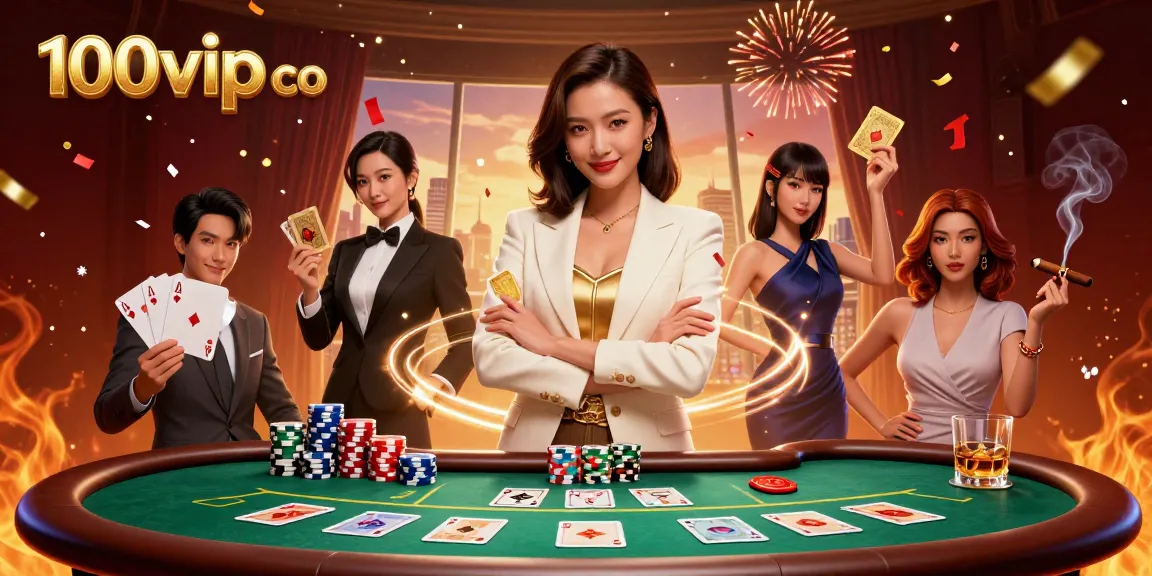 Experience captivating gameplay at 100vip co, featuring an elegant Asian woman showcasing poker mastery against a vibrant casino backdrop.