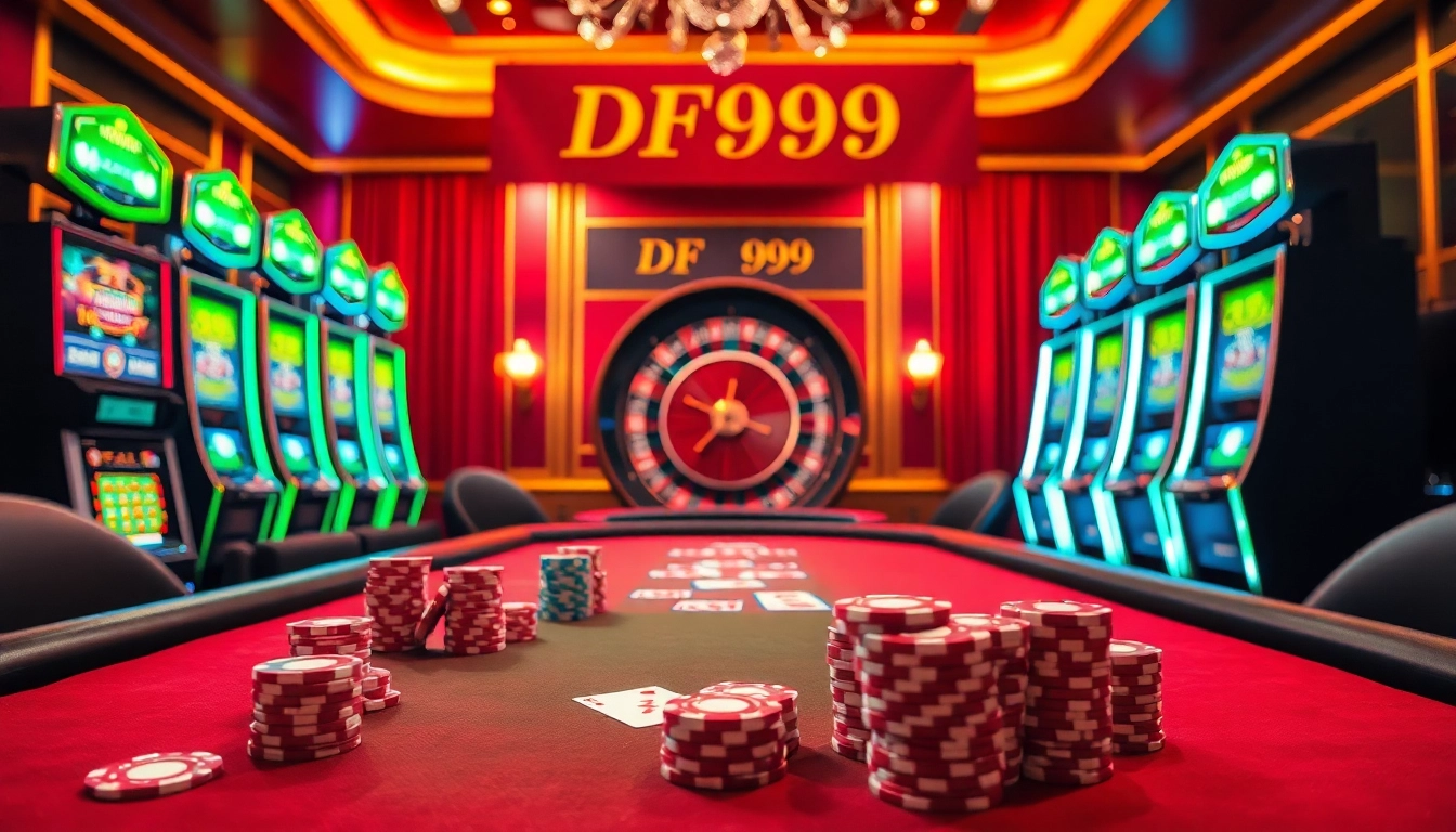 Experience high-stakes play at DF999's luxurious casino tables filled with vibrant poker chips and cards.