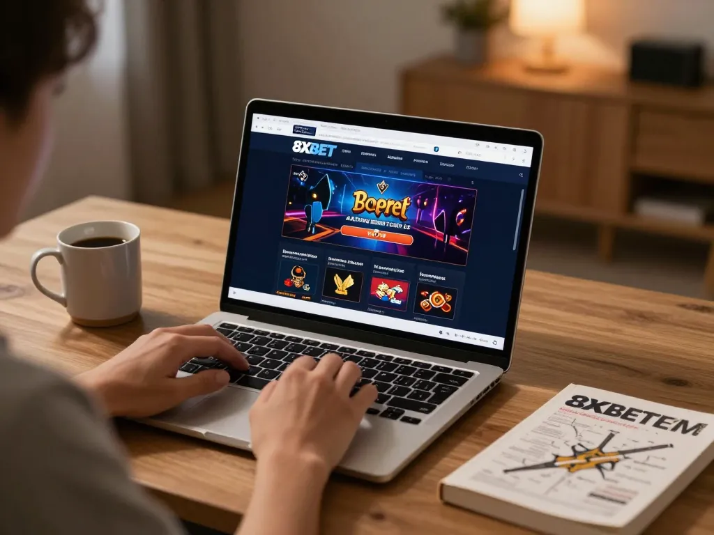 Engaged player using nhà cái 8xbet online casino interface on a laptop in a cozy home setting.