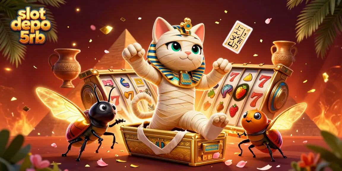 Engage in thrilling slot depo 5rb adventures with a vibrant Egyptian-themed casino illustration.