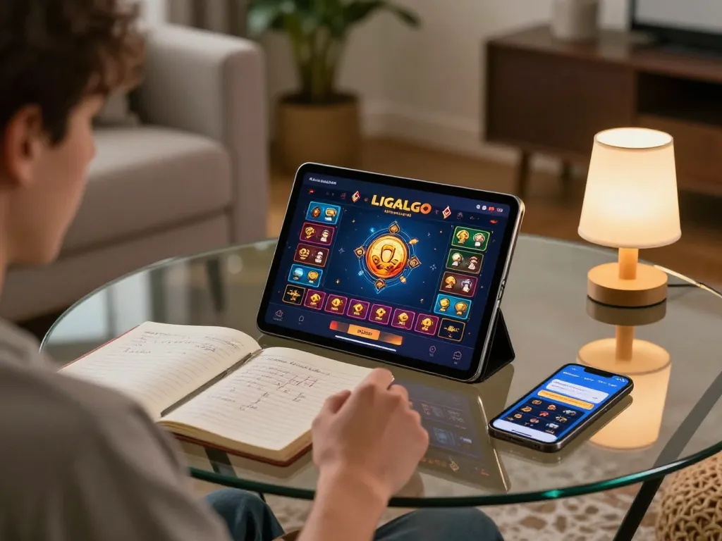 Engaging gameplay on LIGALGO online casino displayed on tablet in a cozy home setting.