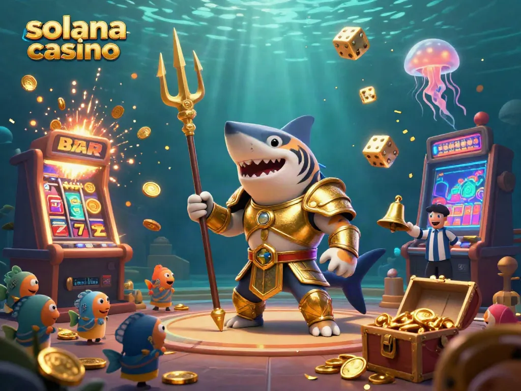 Experience the excitement of playing at a solana casino with vibrant characters and slot machines in a captivating underwater scene.