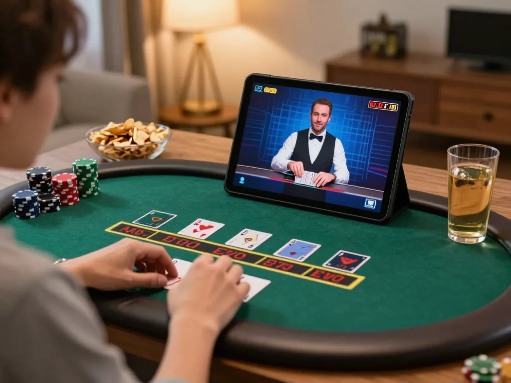 Enjoying Fun88 live dealer blackjack game at home with cozy atmosphere and snacks.