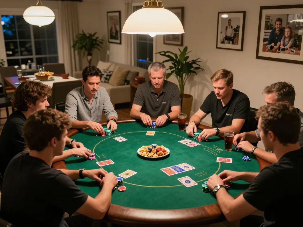 Players enjoying a home poker night experience with NK88, engaged in an intense game.