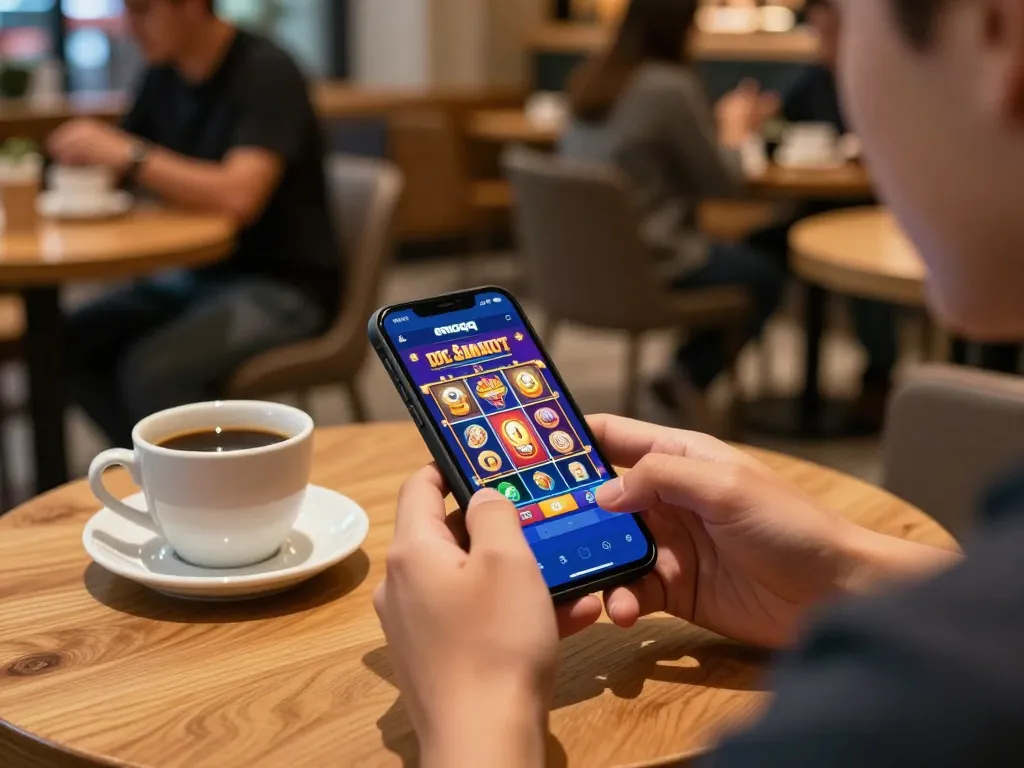 Pemain terlibat dalam permainan slot di aplikasi emaqq sambil menikmati kopi di kafe.