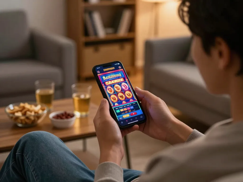 Play a Pinoy Casino Game on a mobile app in a relaxed home setting, enjoying thrilling entertainment.