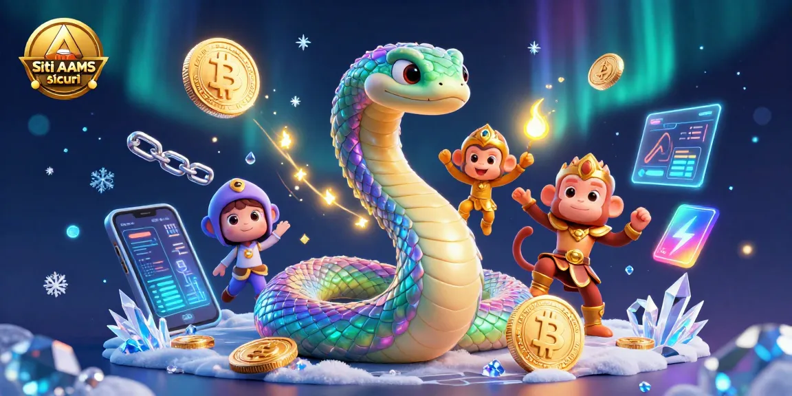 Vetrina di siti non AAMS sicuri con una scena incantevole di un serpente colorato e un re scimmia, circondati da elementi cripto luminosi.