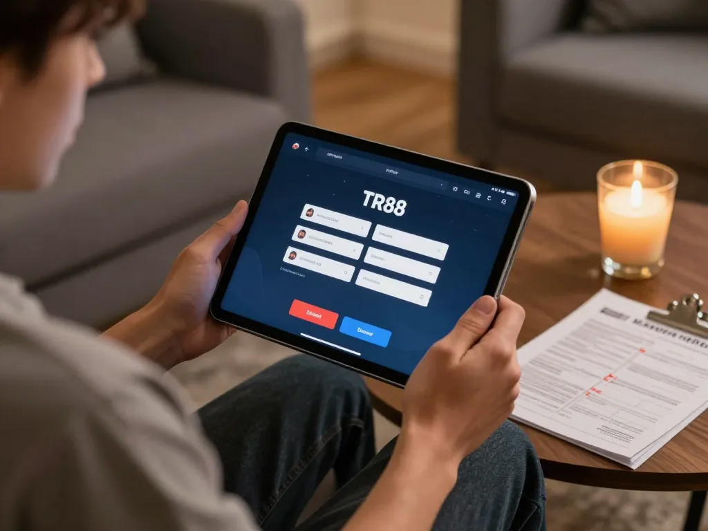 Tr88 đăng nhập scene with a player using a tablet to engage in online casino games at home.