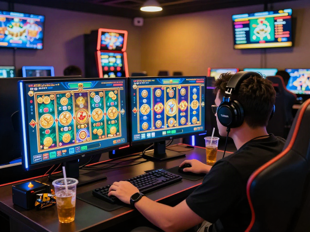 Engaging gaming scene showcasing a player at www.mpocash.net with vibrant slot graphics on dual monitors and a dynamic atmosphere.