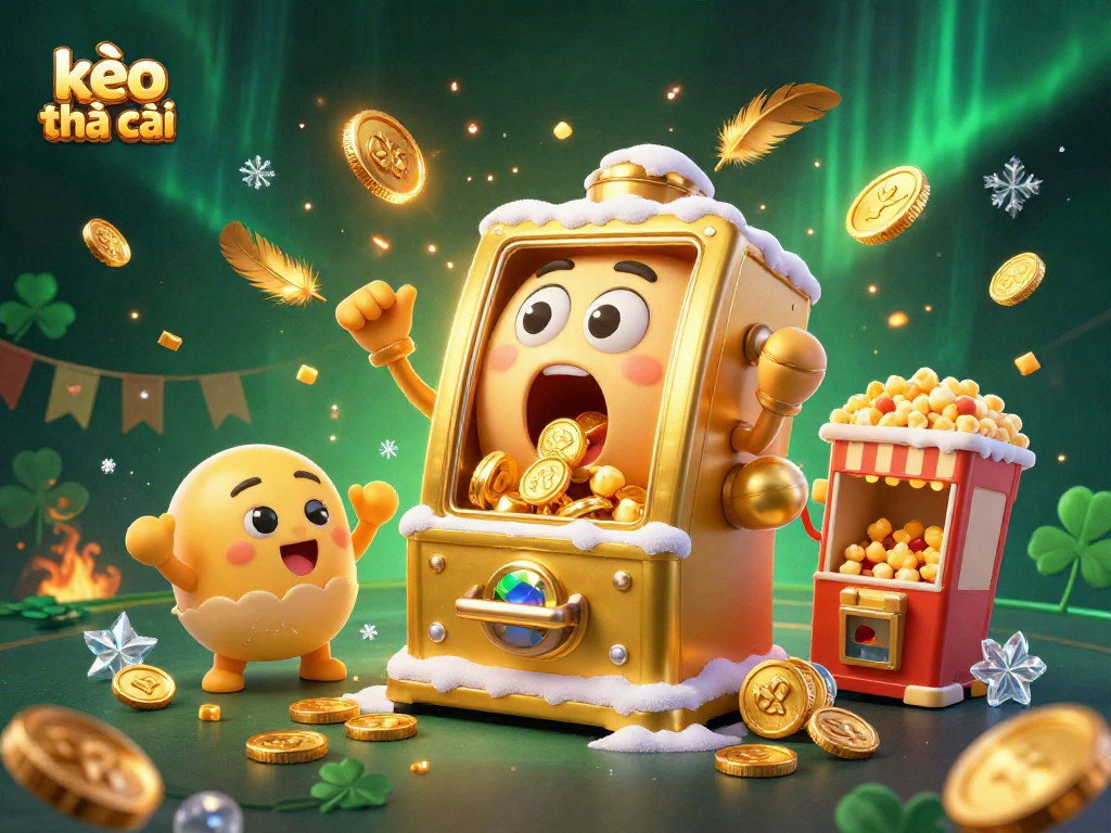 Engage with the thrilling kèo nhà cái experience as cartoon slot machines celebrate a jackpot.