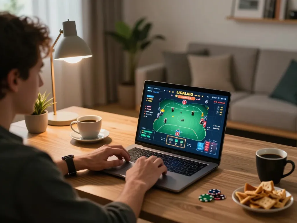 LIGALGO player engaging in an online poker game at home with a cozy atmosphere.
