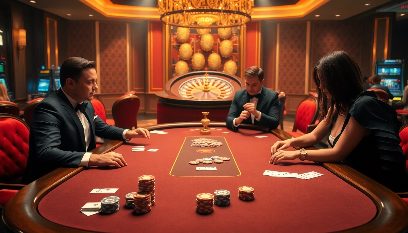 Experience the excitement of keonhacai5 through a vibrant casino scene filled with poker action and luxury ambience.
