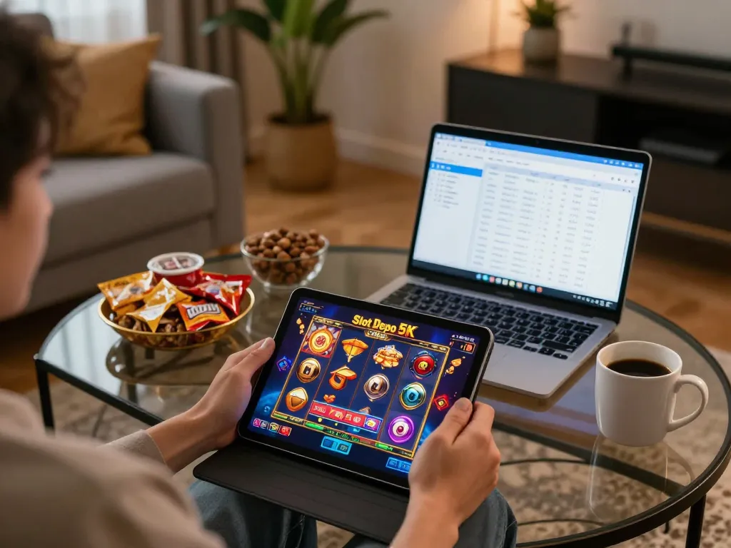 Engaging player exploring Slot Depo 5K with tablet in a cozy gaming setup at home