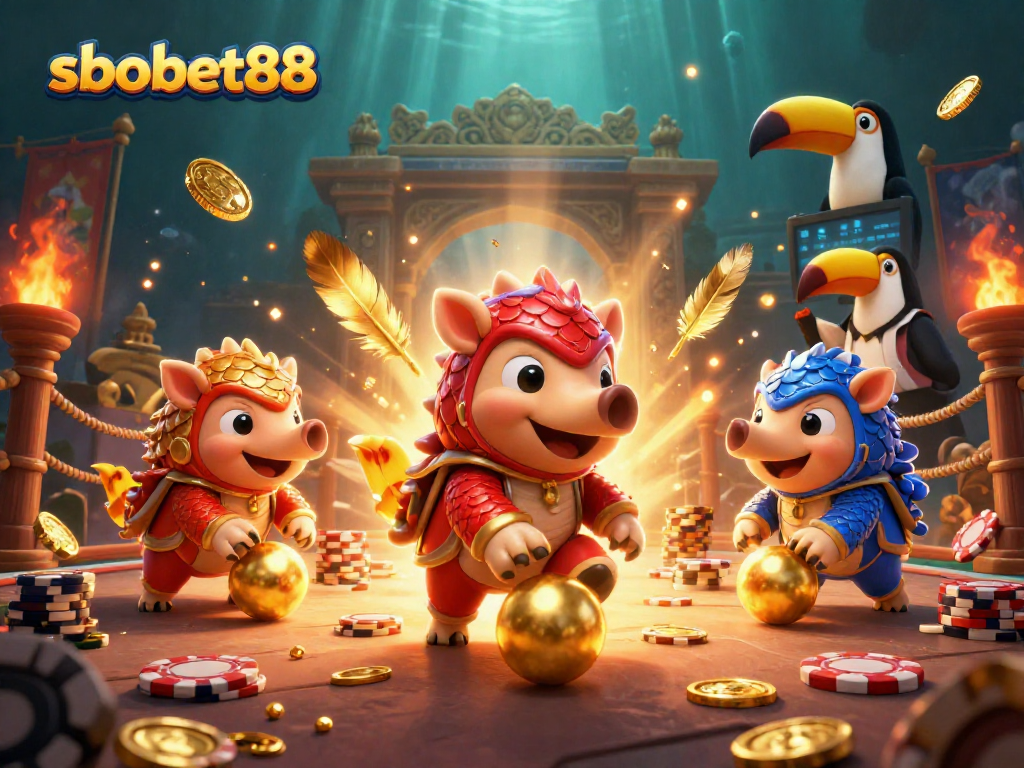 sbobet88 pangolins compete in a lively casino scene, rolling through poker chips and golden balls