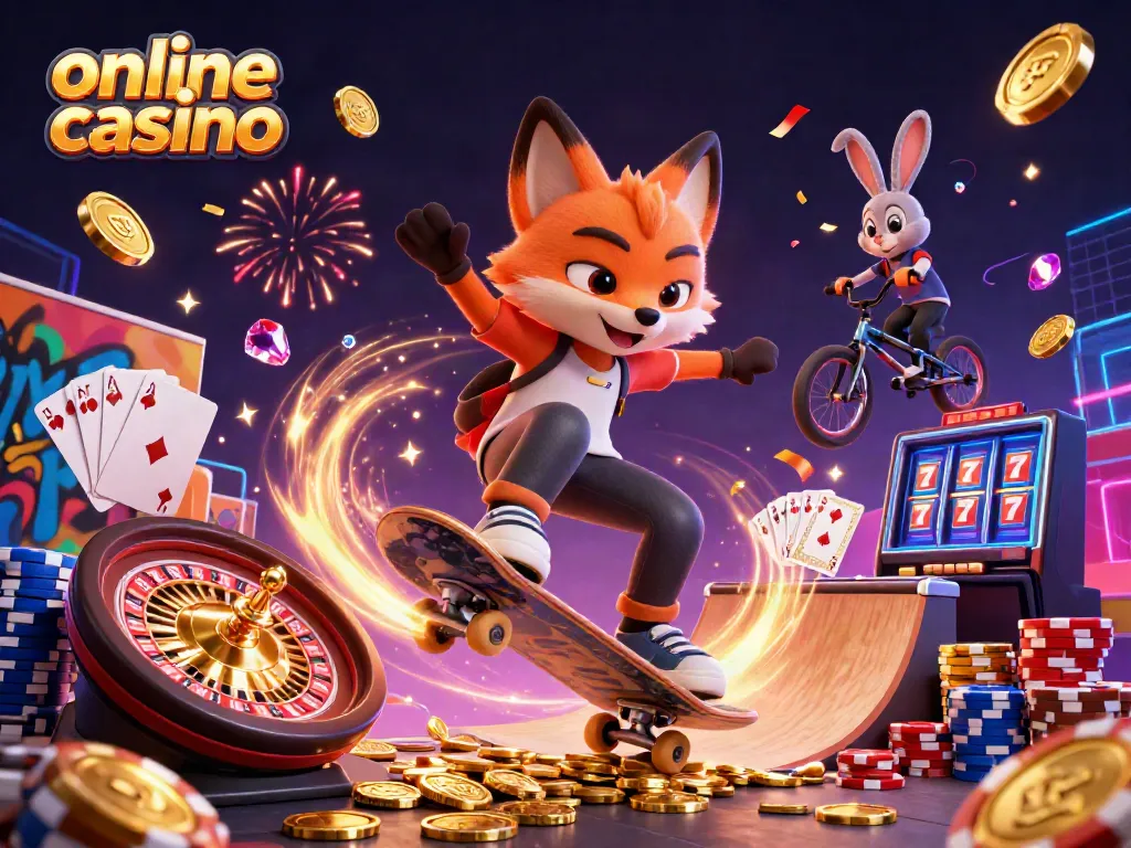 Experience the lively action of an online casino with a skateboarder fox and BMX rabbit amidst cascading coins and vibrant games.