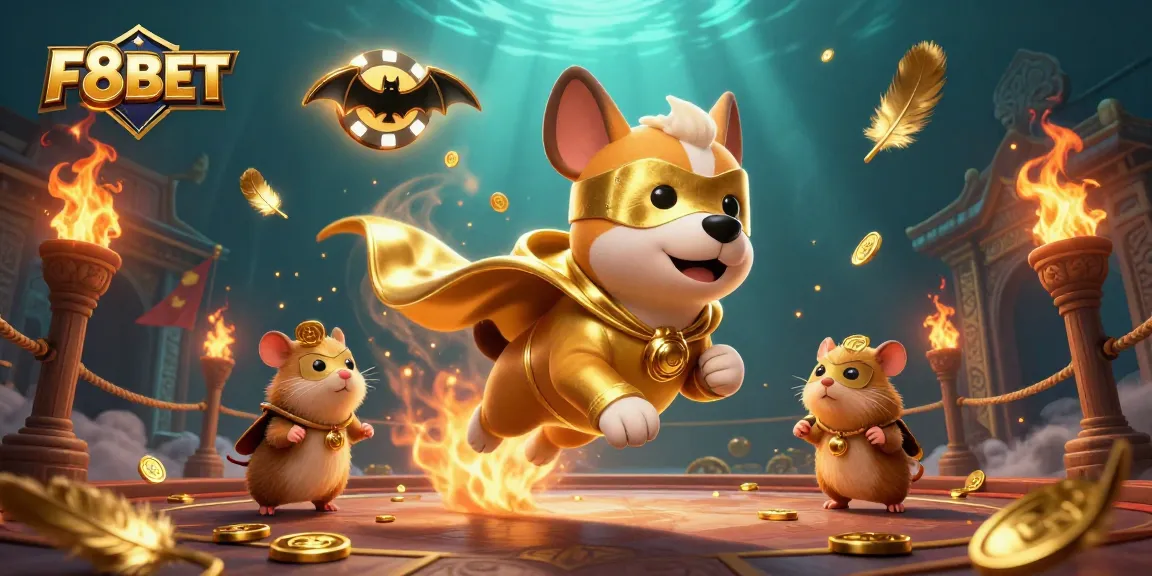 Experience excitement at F8BET with a superhero dog flying, gold coins, and casino elements.