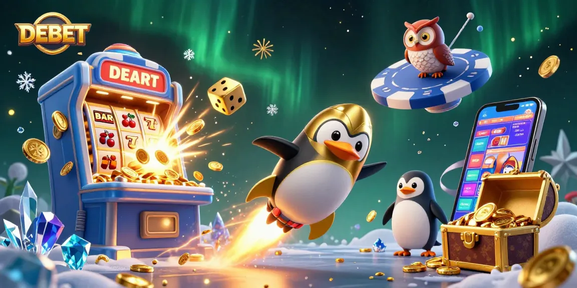 Experience thrilling gameplay with DEBET as a golden penguin flies towards a jackpot casino.