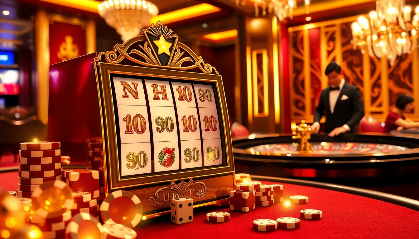 Nổ Hũ Đổi Thưởng slot machine with vibrant chips and warm lighting in a luxury casino setting.