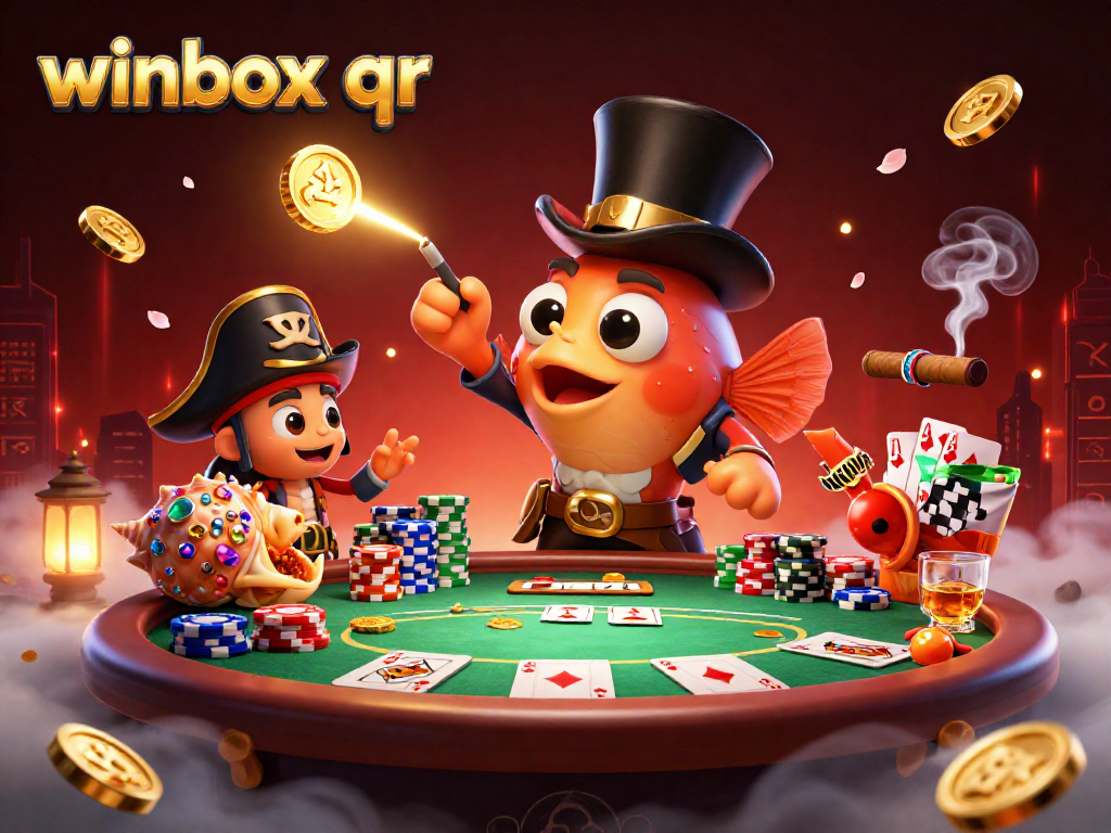 Winbox qr showcases an engaging scene with a spirited anglerfish, pirate shrimp, and gem snail at a poker table.
