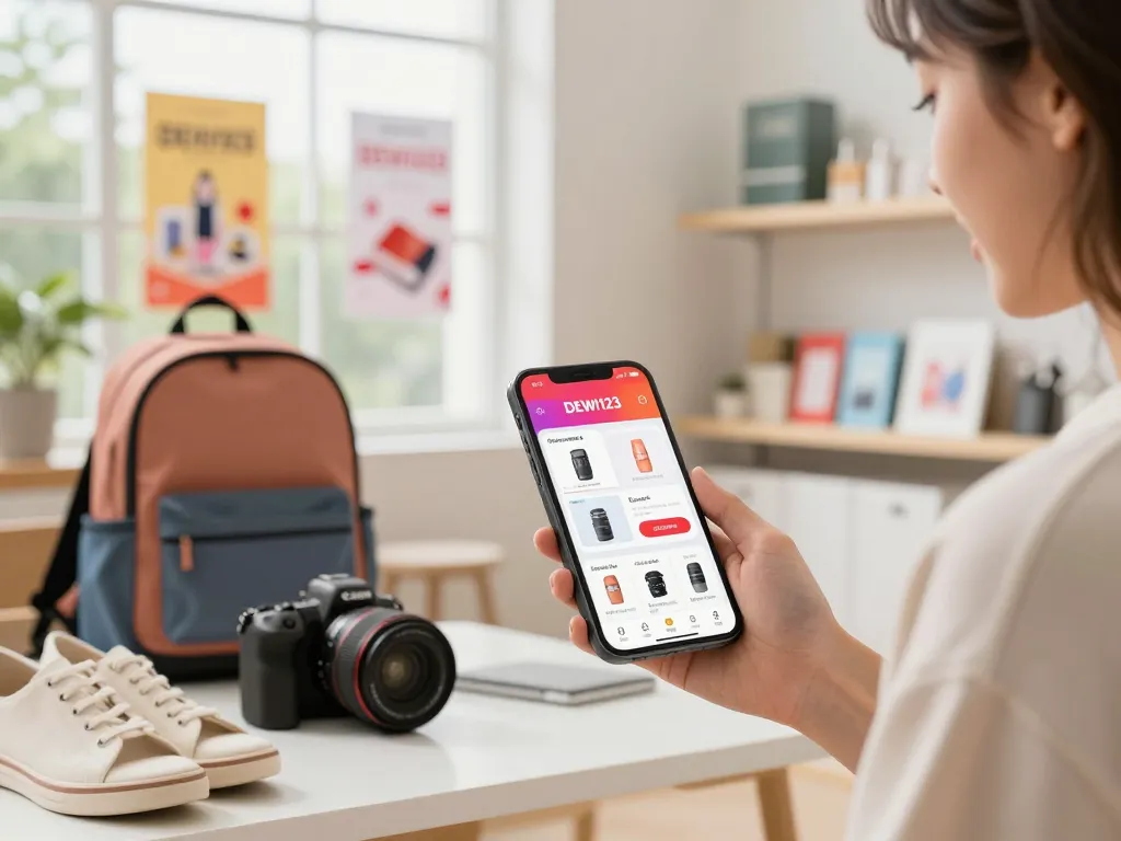 Engaging shopping experience with DEWI123 app displayed on smartphone among vibrant retail setting.