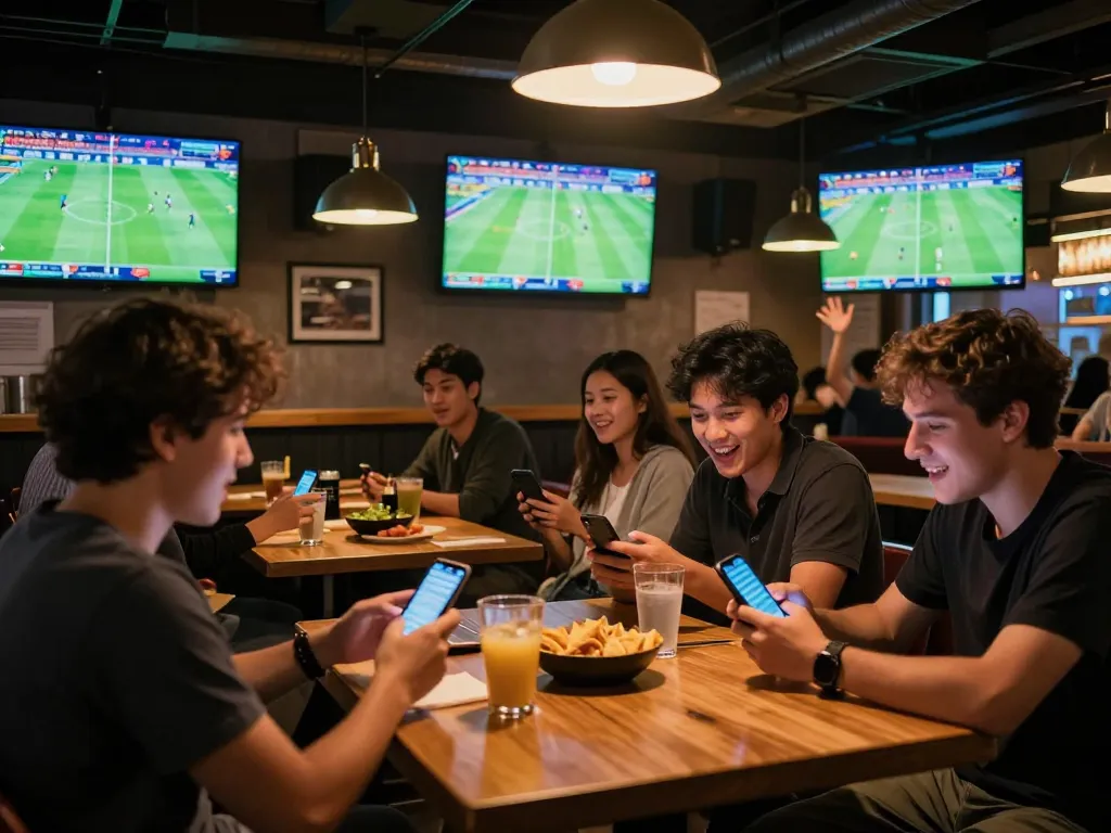 Sports enthusiasts using Nowgoal app for live betting during soccer games in a lively bar.