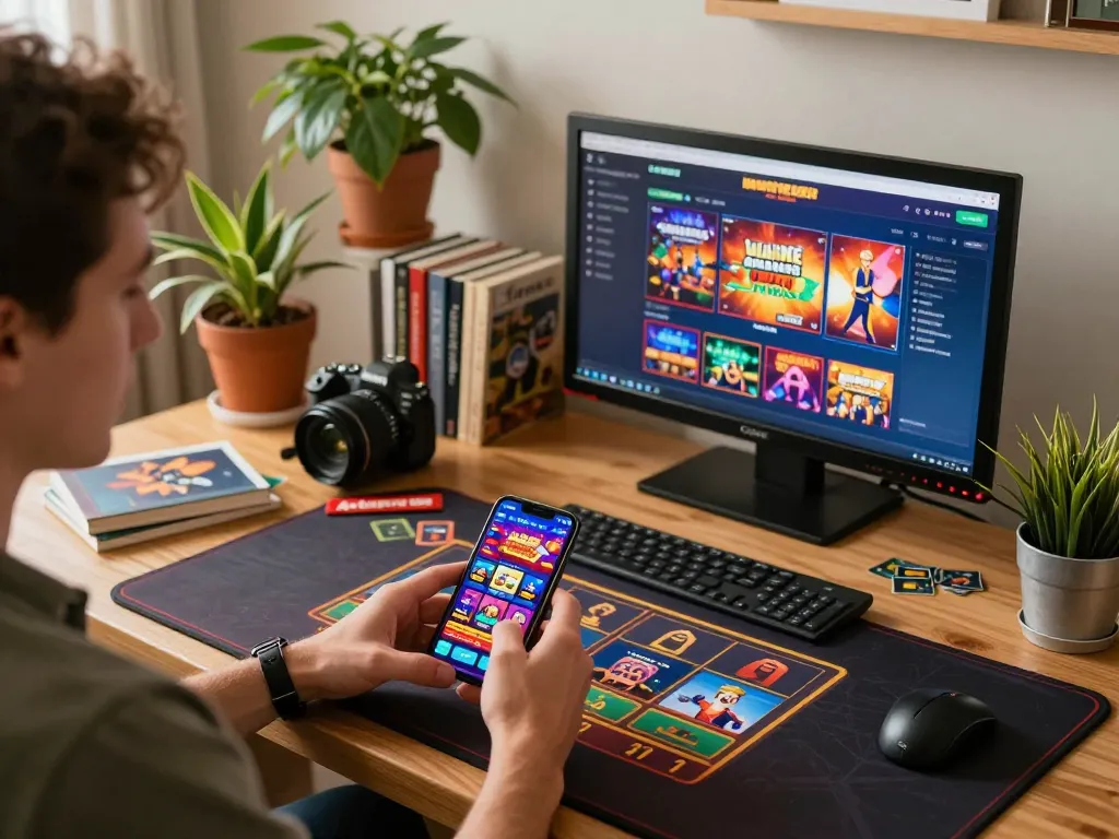 Playing non Gamstop casino games on mobile device in cozy home setting