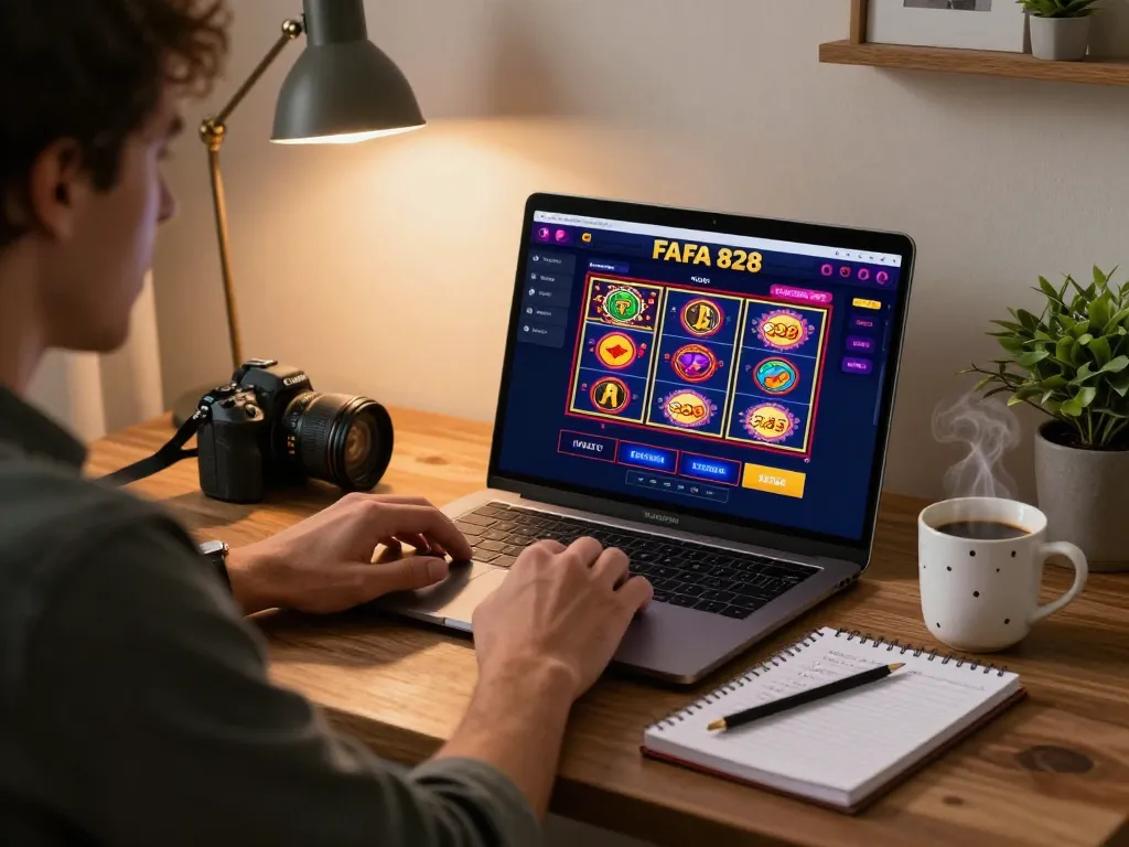 Player enjoying an online slot game at FAFA 828 from the comfort of home, showcasing a strategic betting setup