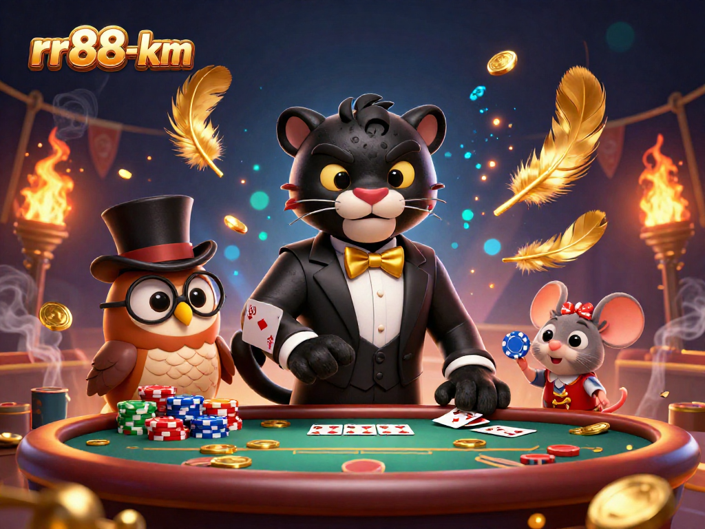 Engage with rr88-km as a stylish panther deals cards at a lively poker table.