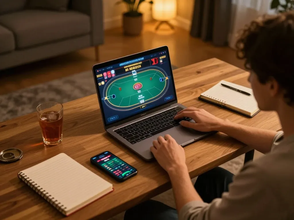 Player using mpoid for online gaming on a laptop while analyzing strategy notes.