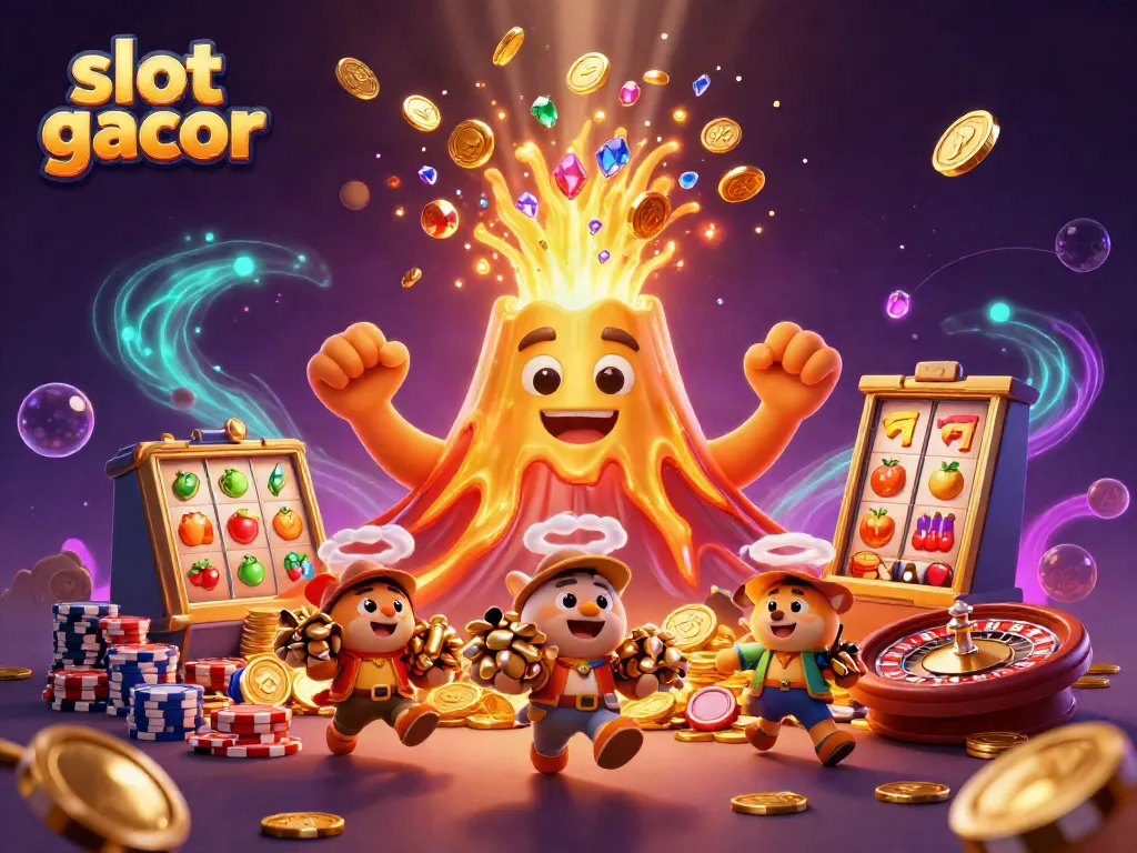 Menangkan slot gacor dengan harta karun dan gunung berapi emas yang mengeluarkan koin di latar belakang
