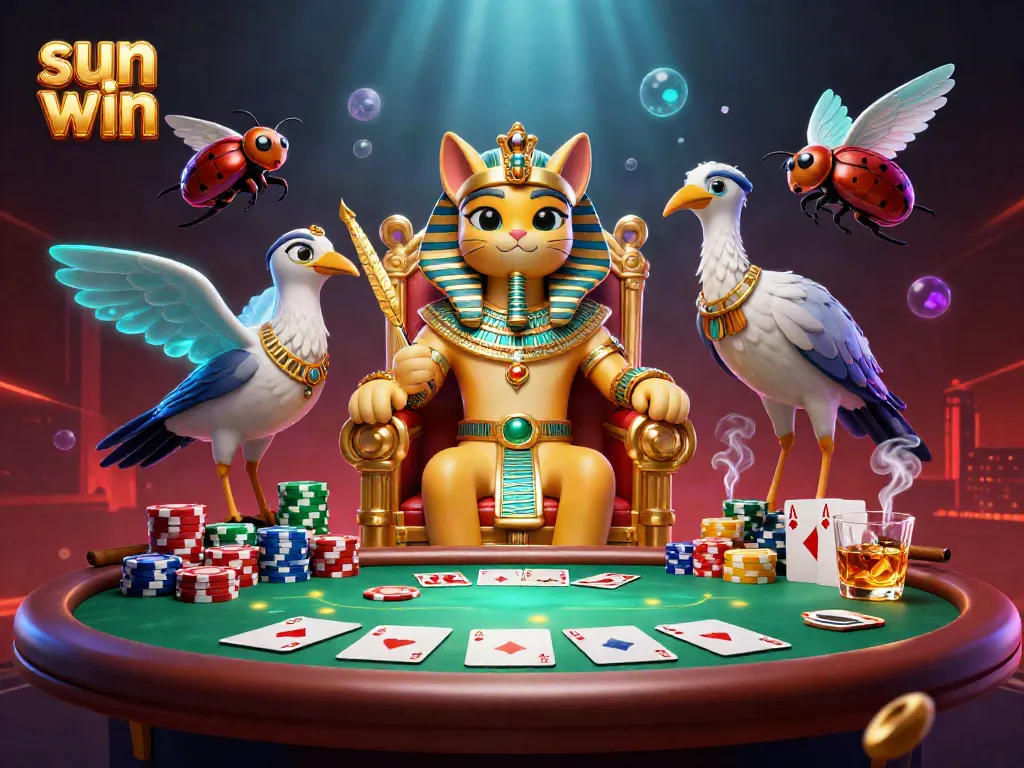 Engage with sun win as a pharaoh cat rules a vibrant casino scene of poker and adventure.