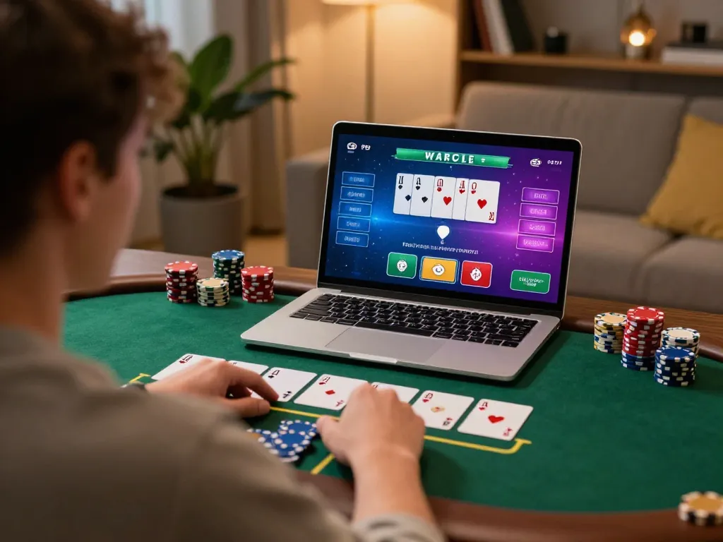 Engaging in strategic blackjack gameplay at rr88 on a laptop in a cozy home setting