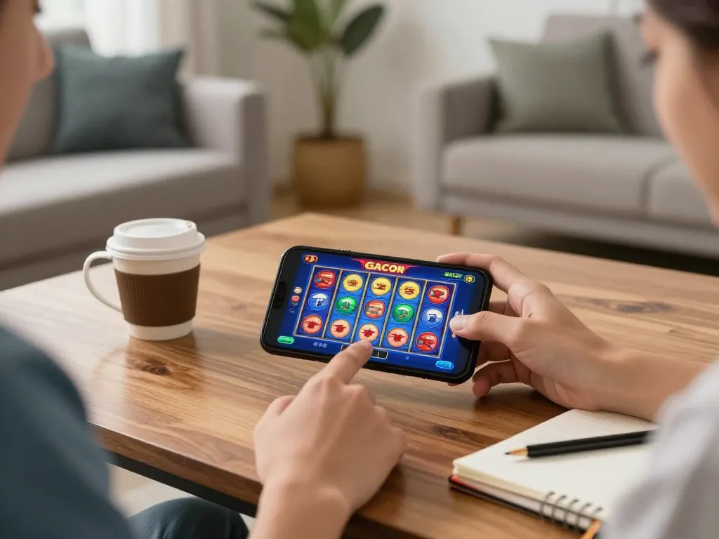 Engaging in mobile gaming on a situs slot gacor app, showcasing winning strategies in a stylish home.