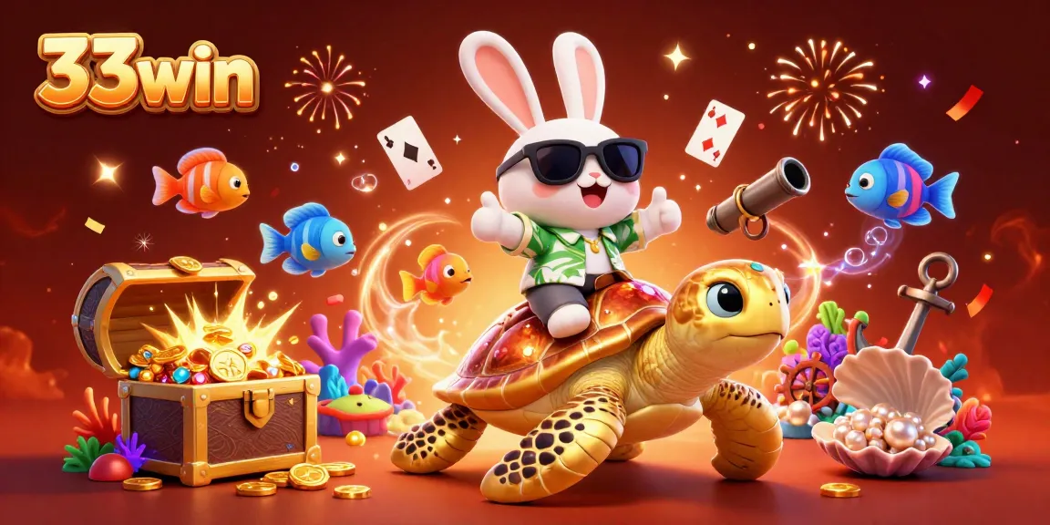 Experience thrilling adventures with 33win as the lucky rabbit celebrates victory while riding a golden sea turtle in an exciting casino scene.