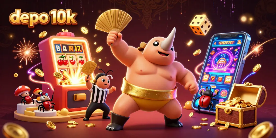 Experience depo 10k thrills with a whimsical scene of beetles enjoying a spectacular jackpot celebration.