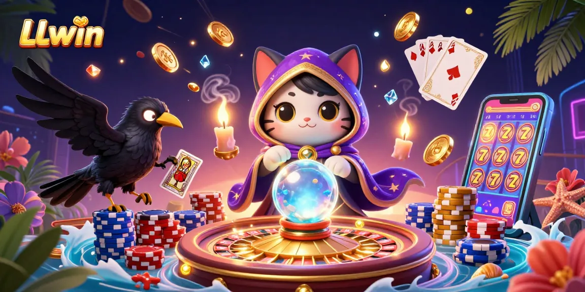 Experience the vibrant world of LLwin with a mystical cat and tarot raven amidst swirling casino excitement.