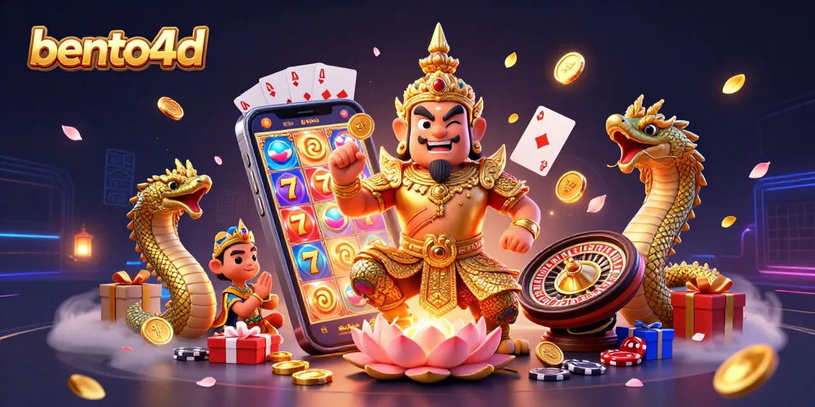 Bento4d menampilkan permainan slot yang cerah dengan seorang penjaga, koin emas, dan elemen kasino yang dinamis