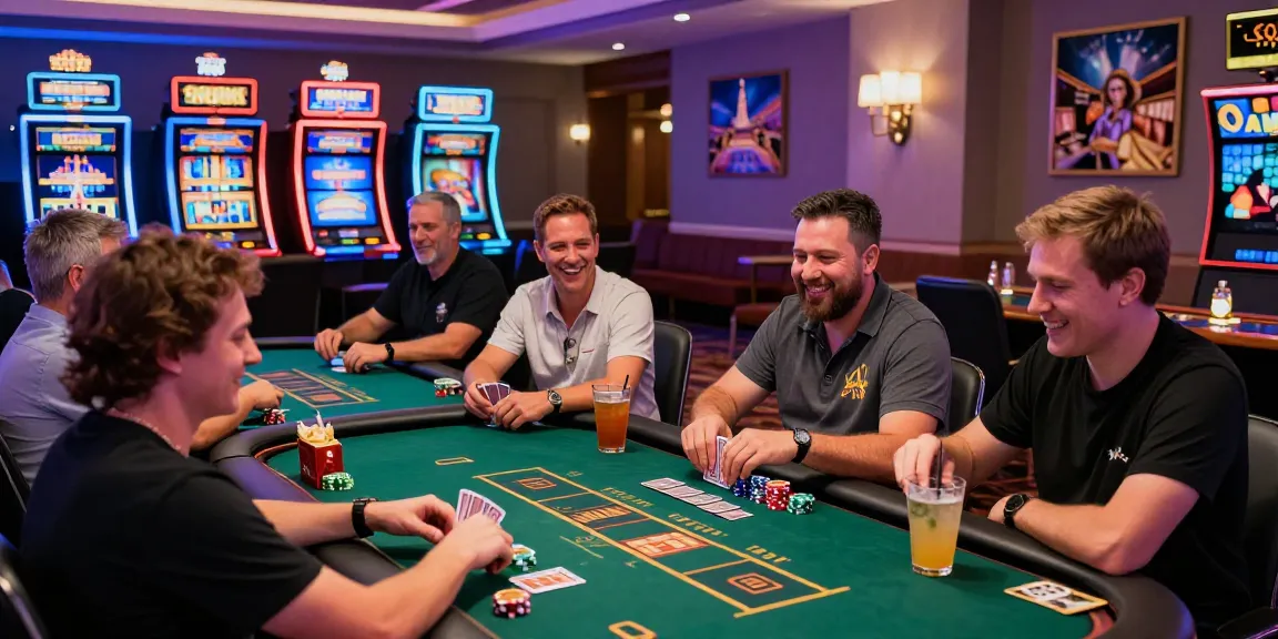 Players celebrating wins at a credit card casino with vibrant lights