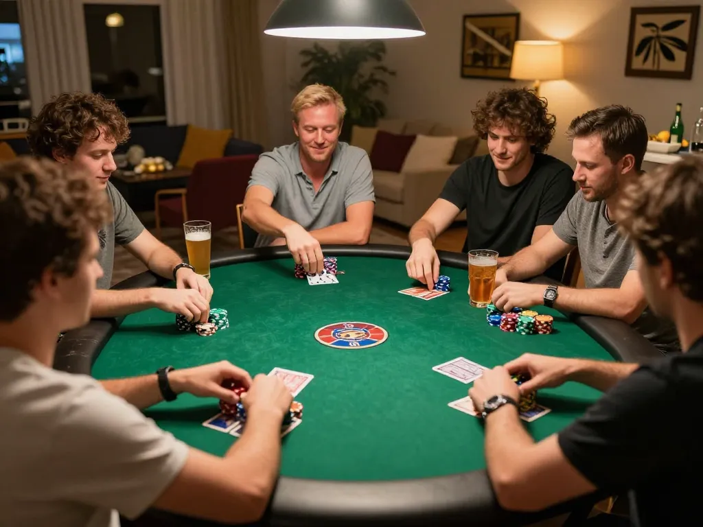 Friends enjoying a lively poker game featuring iwin club strategies and intense competition around a green felt table.