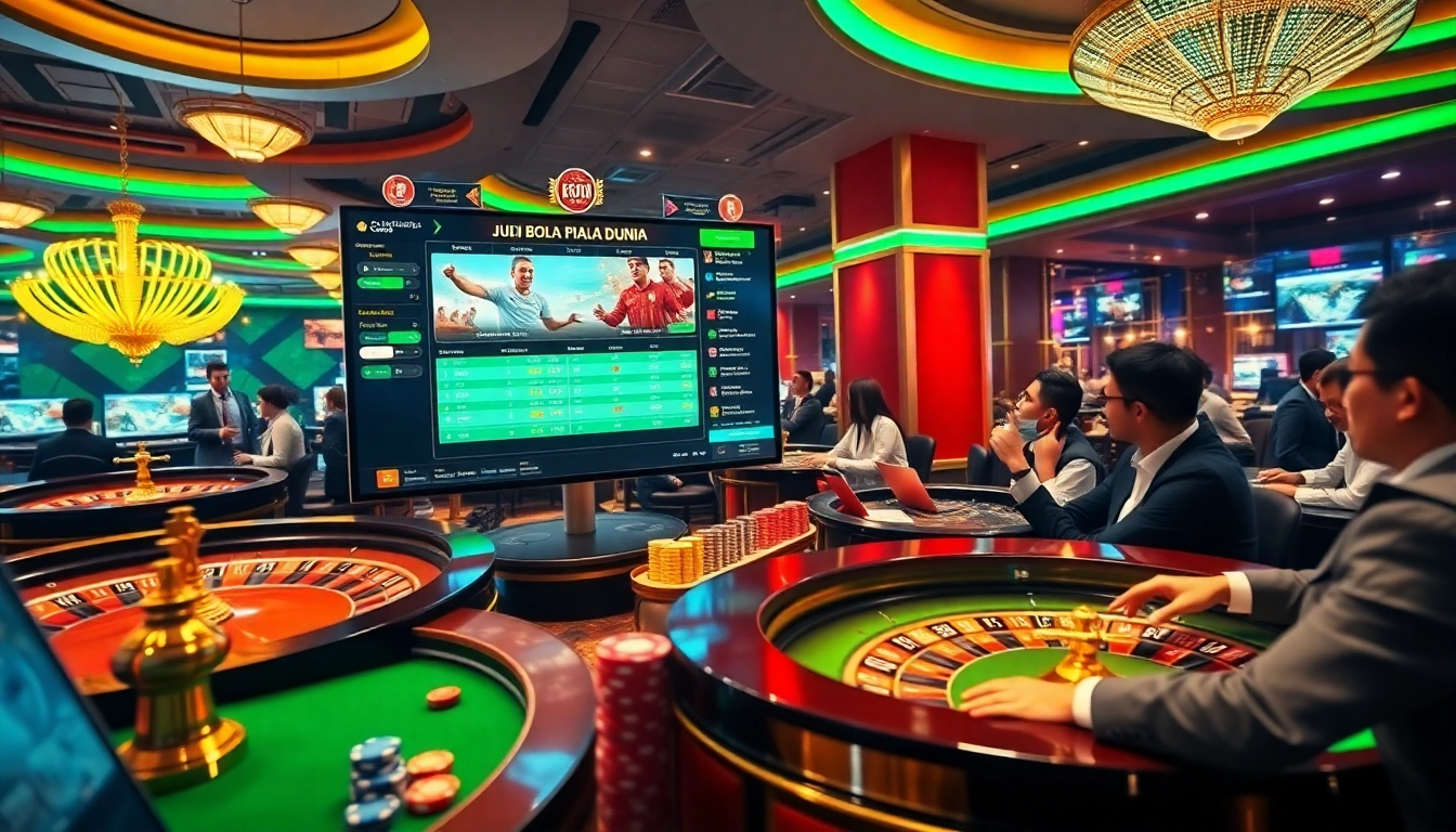 Strategically placing bets on Judi Bola Piala Dunia in a vibrant casino setting.